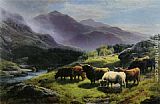 Famous Cattle Paintings - Highland Cattle Grazing by a Mountain Stream